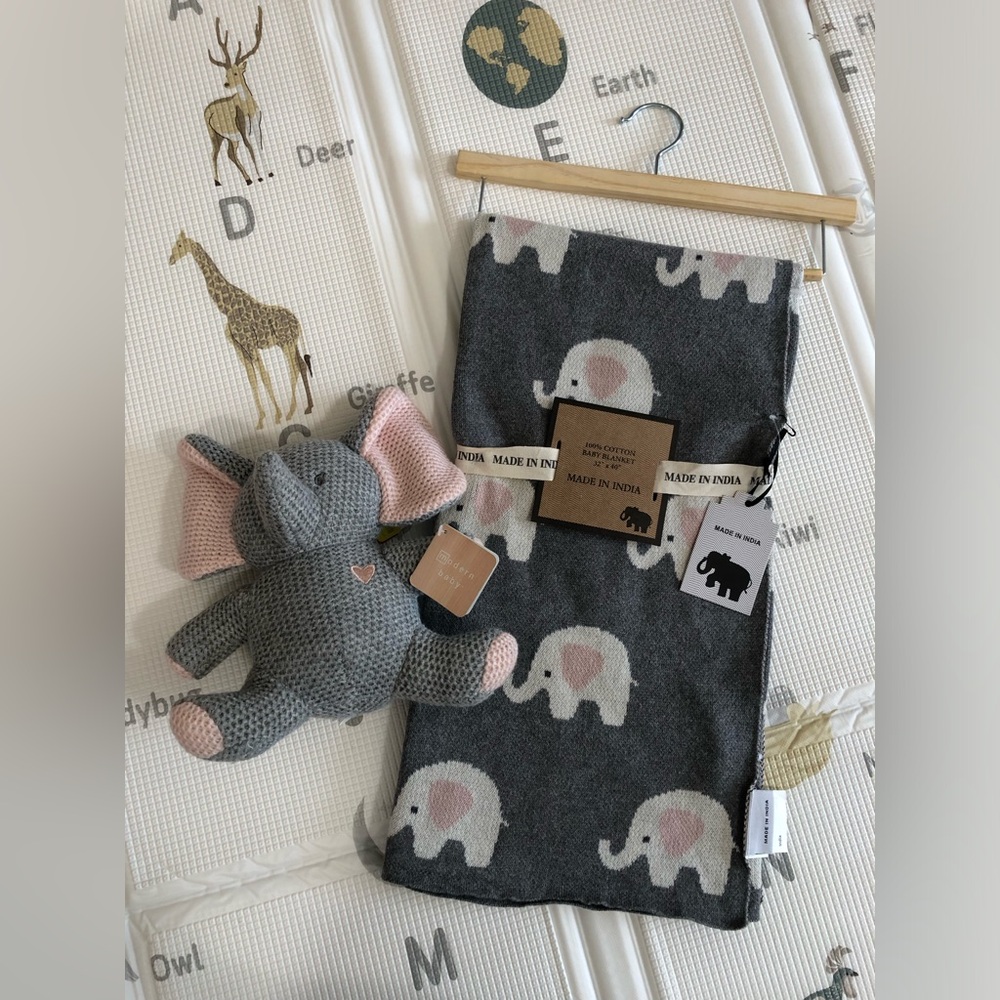 Elephant knit baby Blanket and elephant rattle  plush